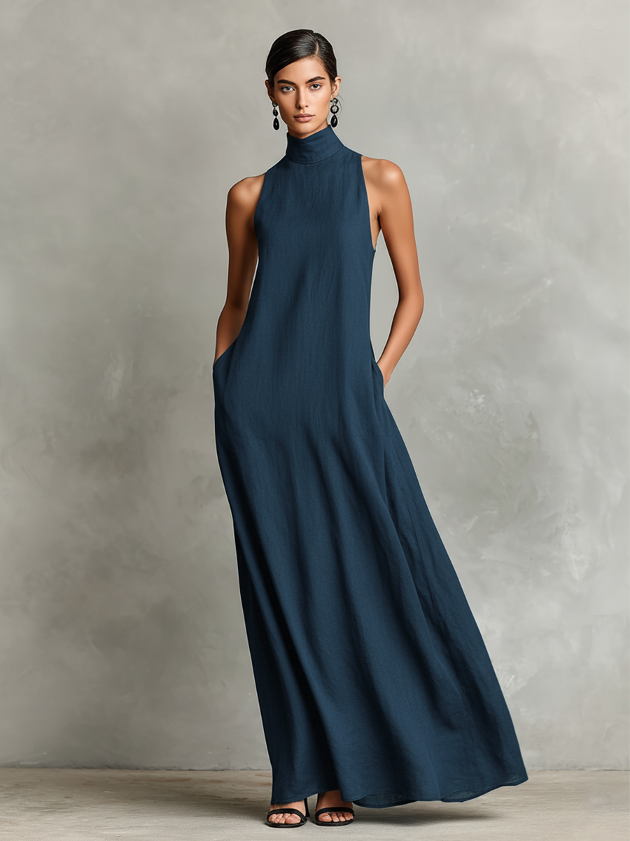 Abito maxi da donna senza maniche con collo alto