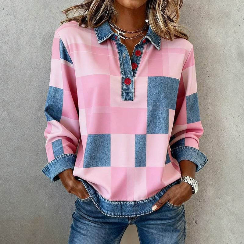 Pull à Motif à Carreaux et Finitions en Jean Pour Femme