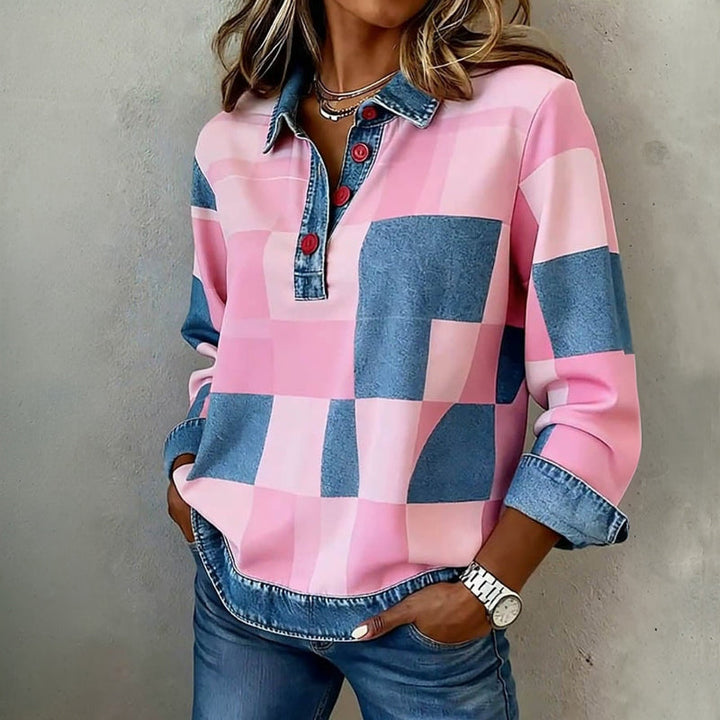 Pull à Motif à Carreaux et Finitions en Jean Pour Femme