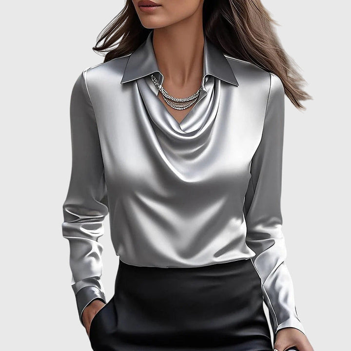 Blouse En Satin Manches Longues Et Col Bénitier Pour Femme