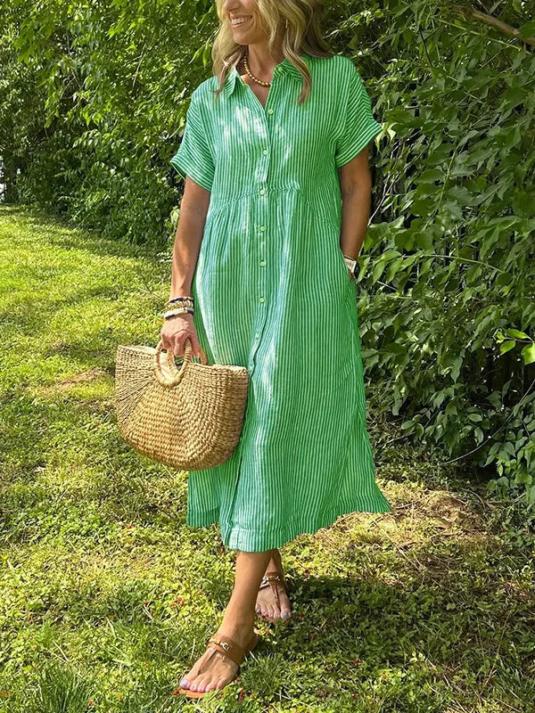 Robe Midi Chemise Rayée Femme Coupe Fluide