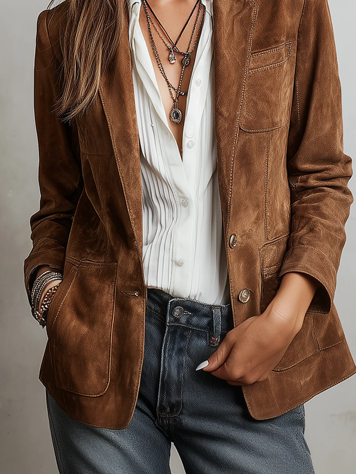 Blazer Cintré en Suédine à Manches Longues Pour Femme