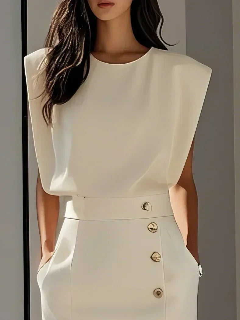 Robe Midi Femme Sans Manches Boutons Décoratifs