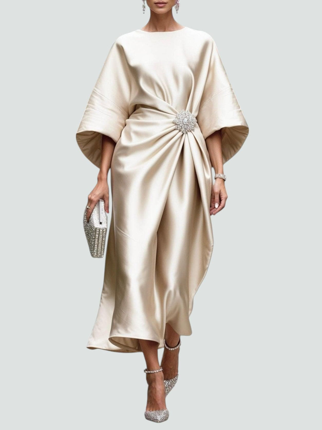 Robe Midi Drapée Femme Détail Bijou Soirée