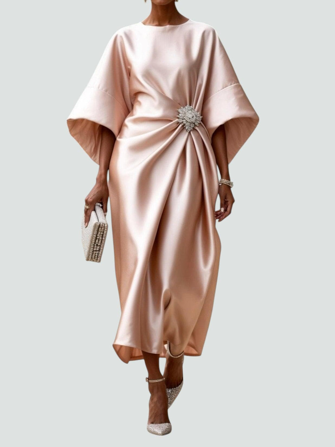 Robe Midi Drapée Femme Détail Bijou Soirée