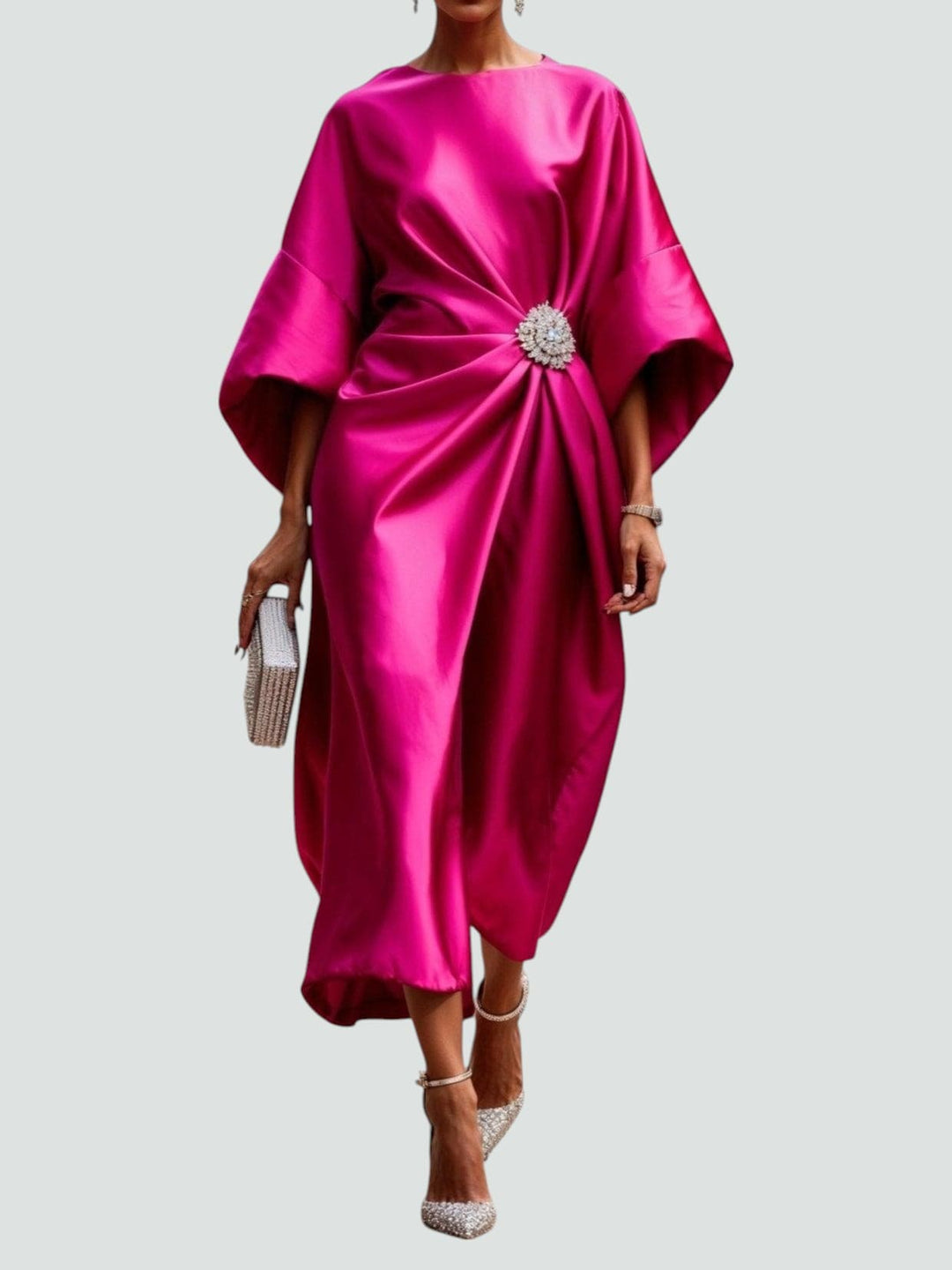 Robe Midi Drapée Femme Détail Bijou Soirée