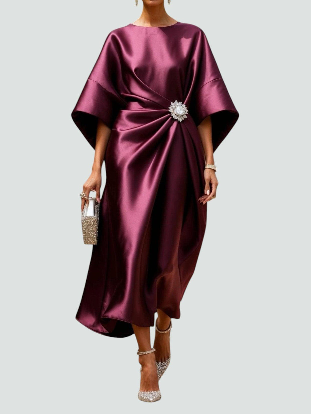 Robe Midi Drapée Femme Détail Bijou Soirée