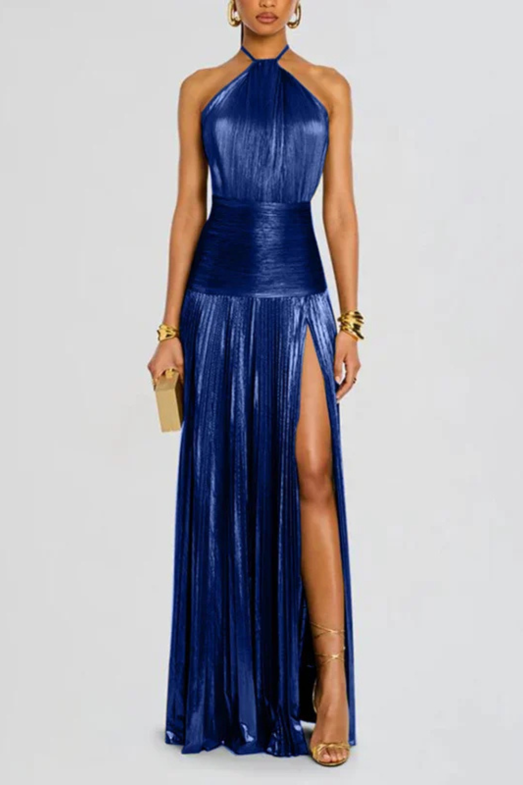 Robe Longue Satin Femme Col Halter Plissée