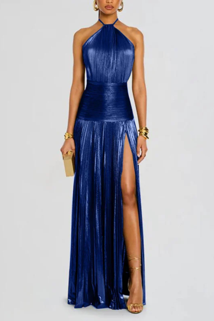 Robe Longue Satin Femme Col Halter Plissée