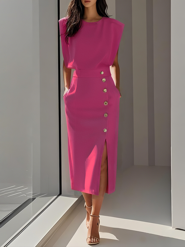 Robe Midi Femme Sans Manches Boutons Décoratifs