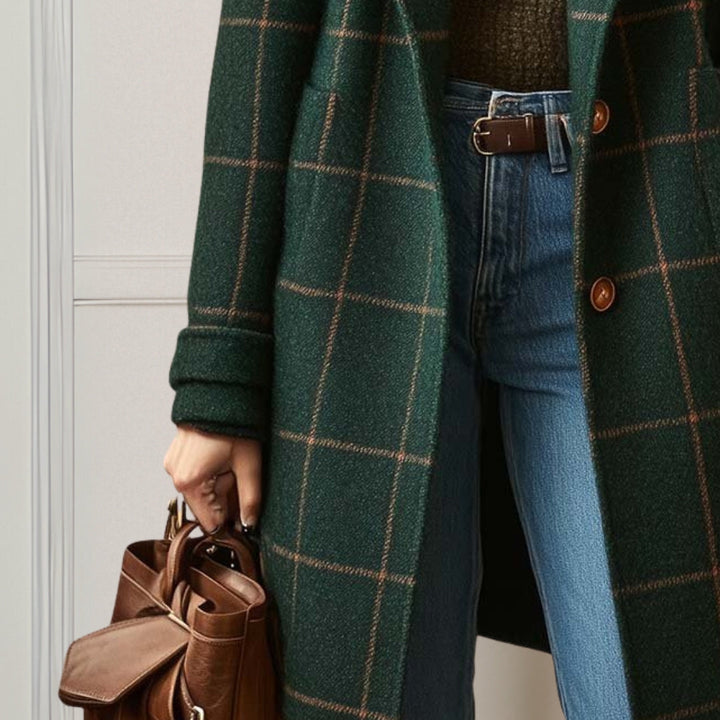 Manteau Long à Carreaux et Boutonnage Avant Pour Femme