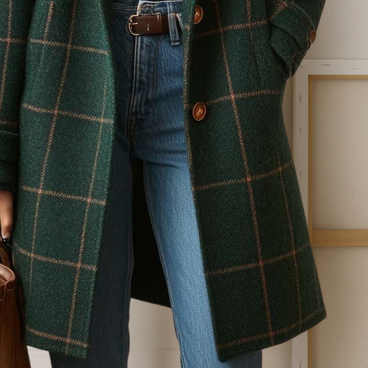 Manteau Long à Carreaux et Boutonnage Avant Pour Femme