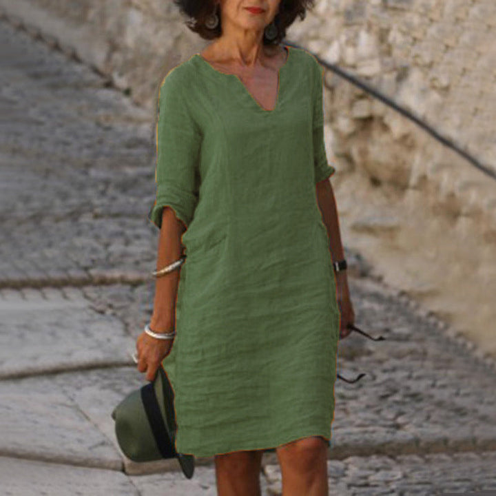 Robe Midi Femme Col V Manches 3/4