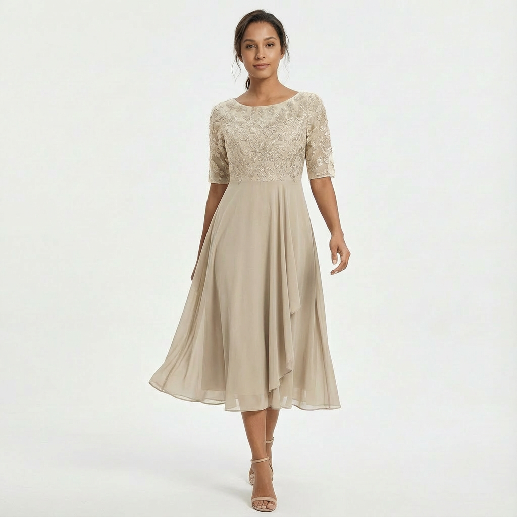 Robe Midi Dentelle Femme Manches Mi-Longues Cérémonie