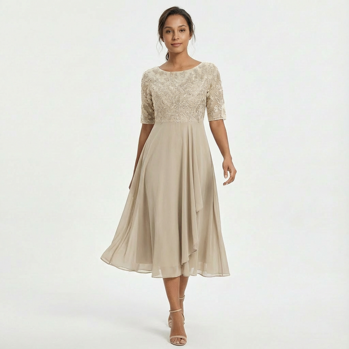 Robe Midi Dentelle Femme Manches Mi-Longues Cérémonie