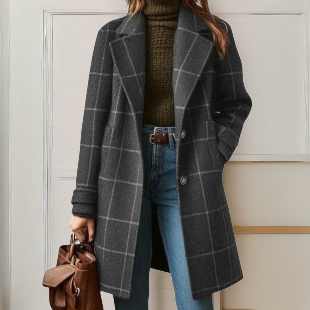 Manteau Long à Carreaux et Boutonnage Avant Pour Femme