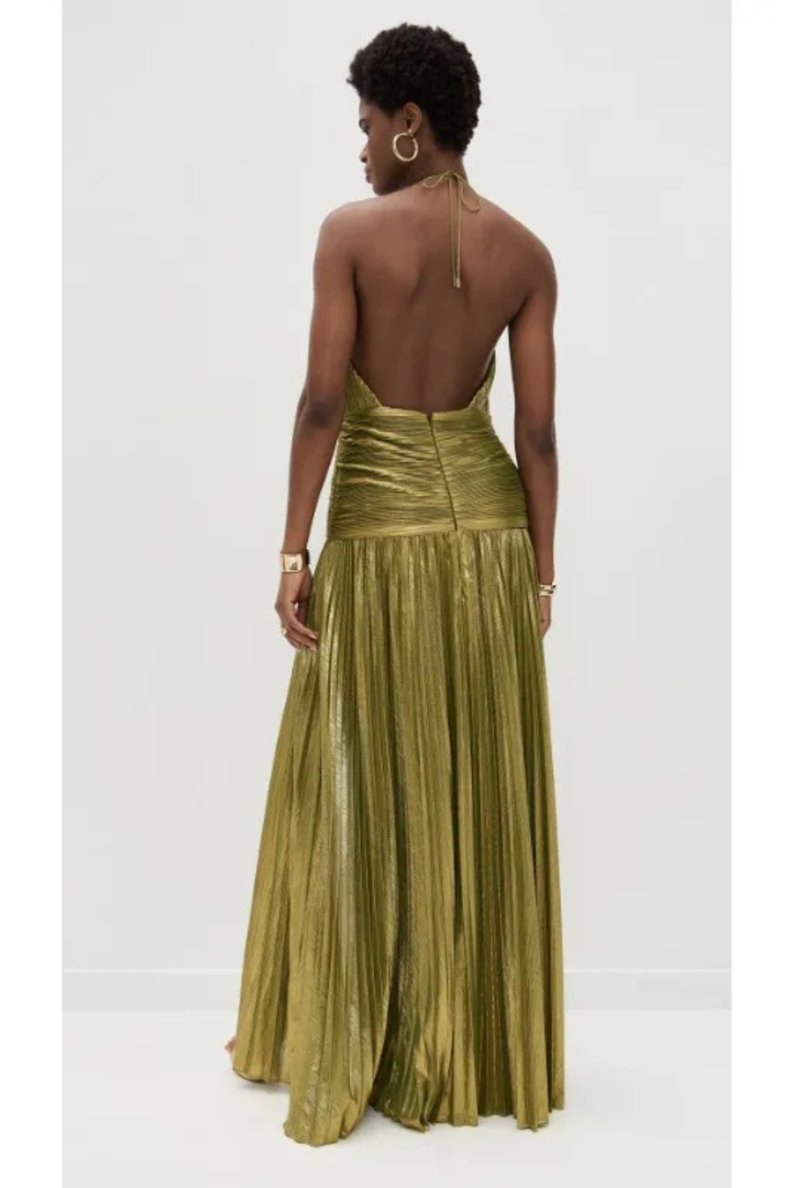 Robe Longue Satin Femme Col Halter Plissée