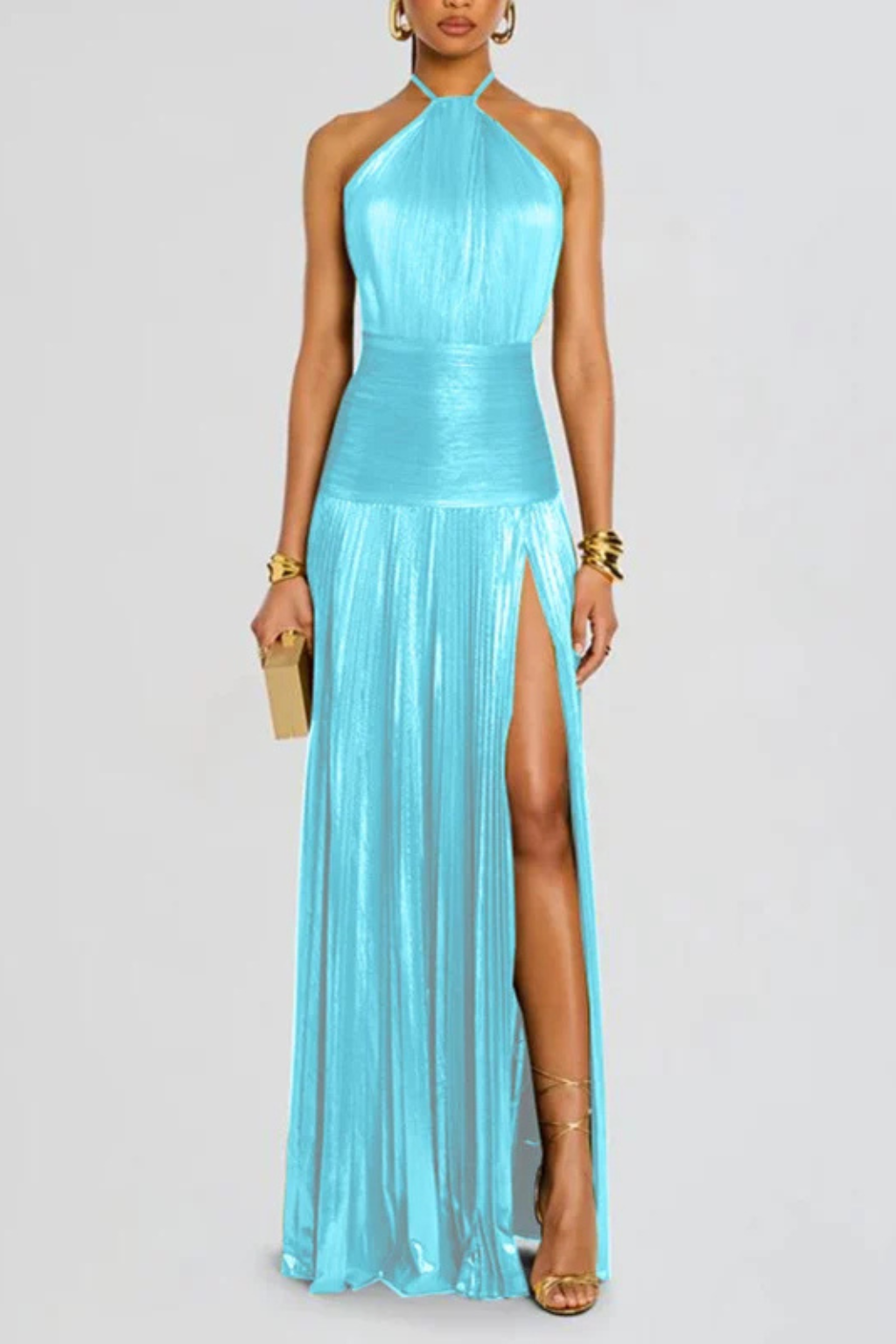 Robe Longue Satin Femme Col Halter Plissée