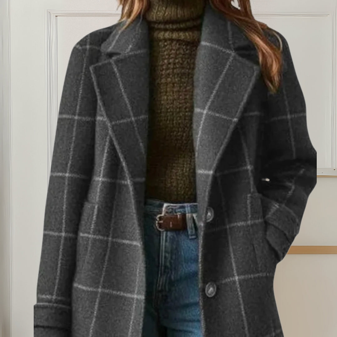 Manteau Long à Carreaux et Boutonnage Avant Pour Femme