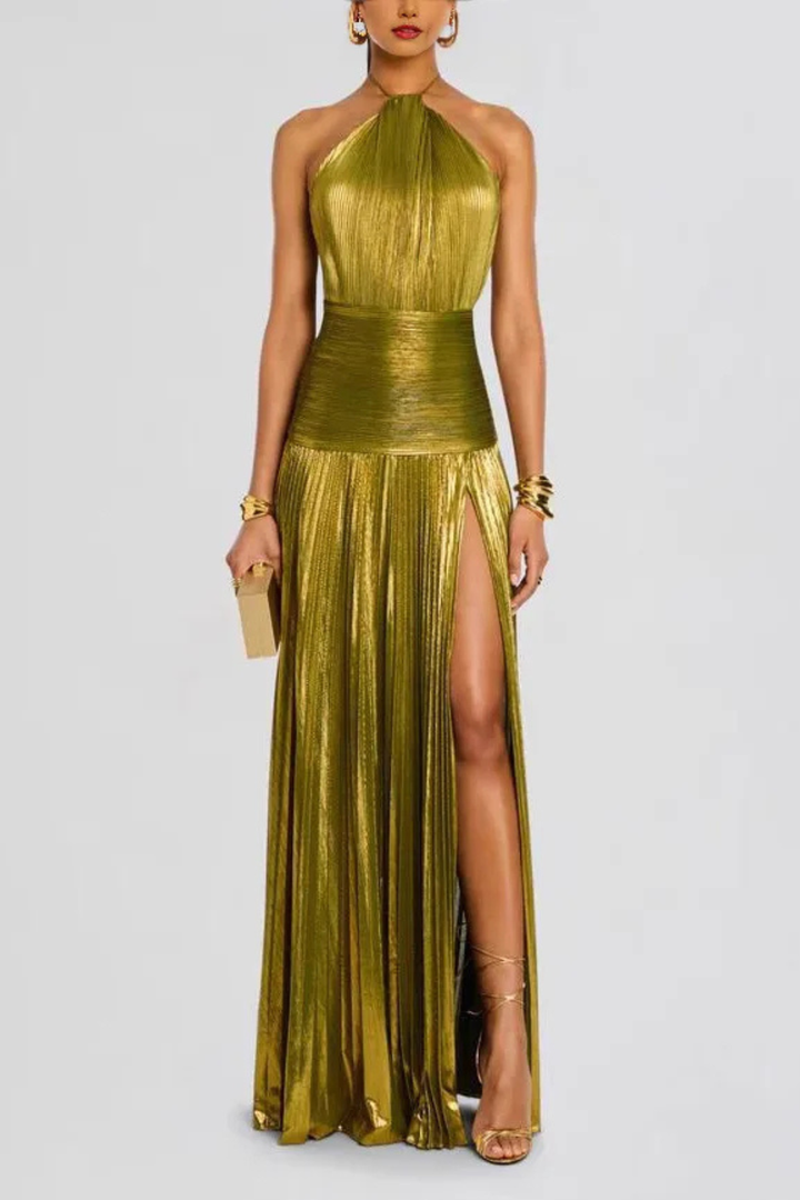 Robe Longue Satin Femme Col Halter Plissée