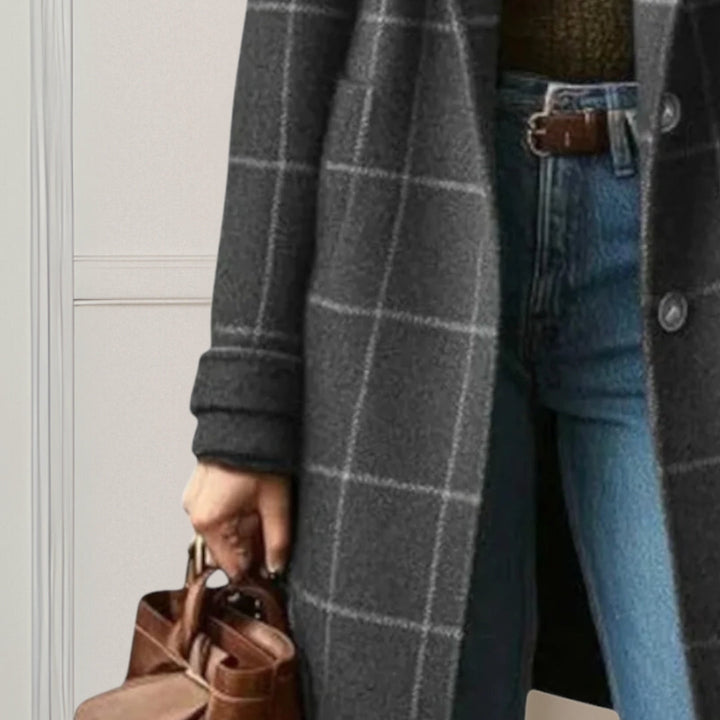 Manteau Long à Carreaux et Boutonnage Avant Pour Femme