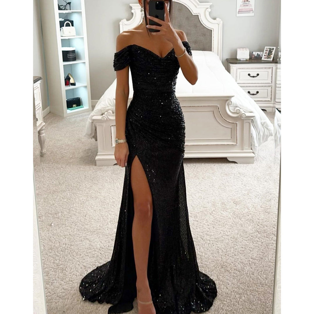 Robe Longue Pailletée Femme Épaules Dénudées