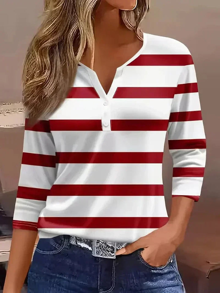 Top Rayé Encolure V Manches Trois-Quarts Femme