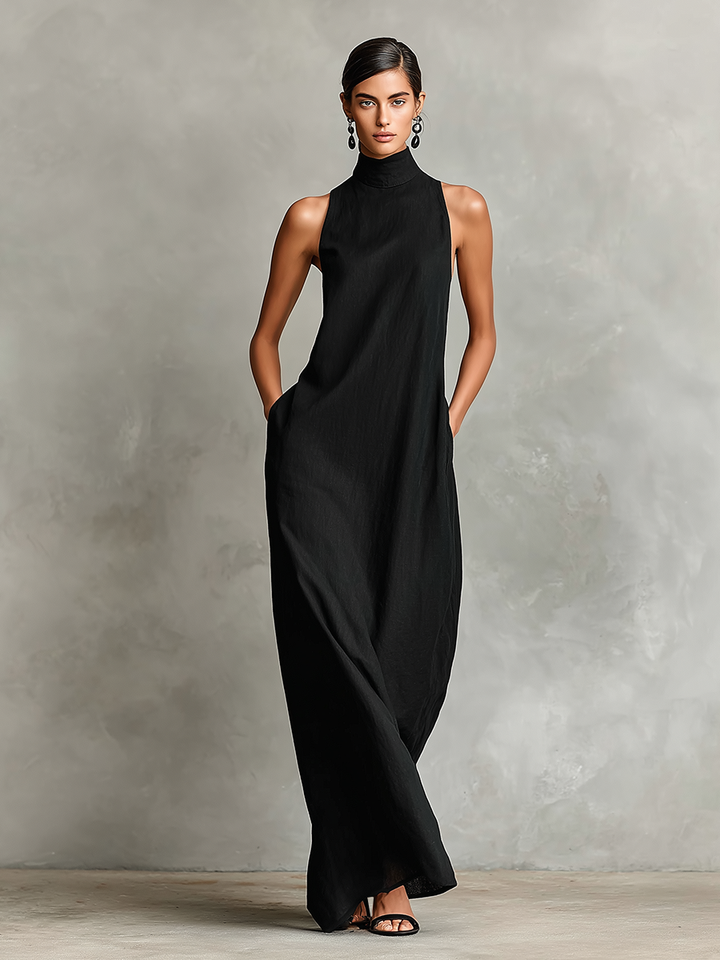 Abito maxi da donna senza maniche con collo alto