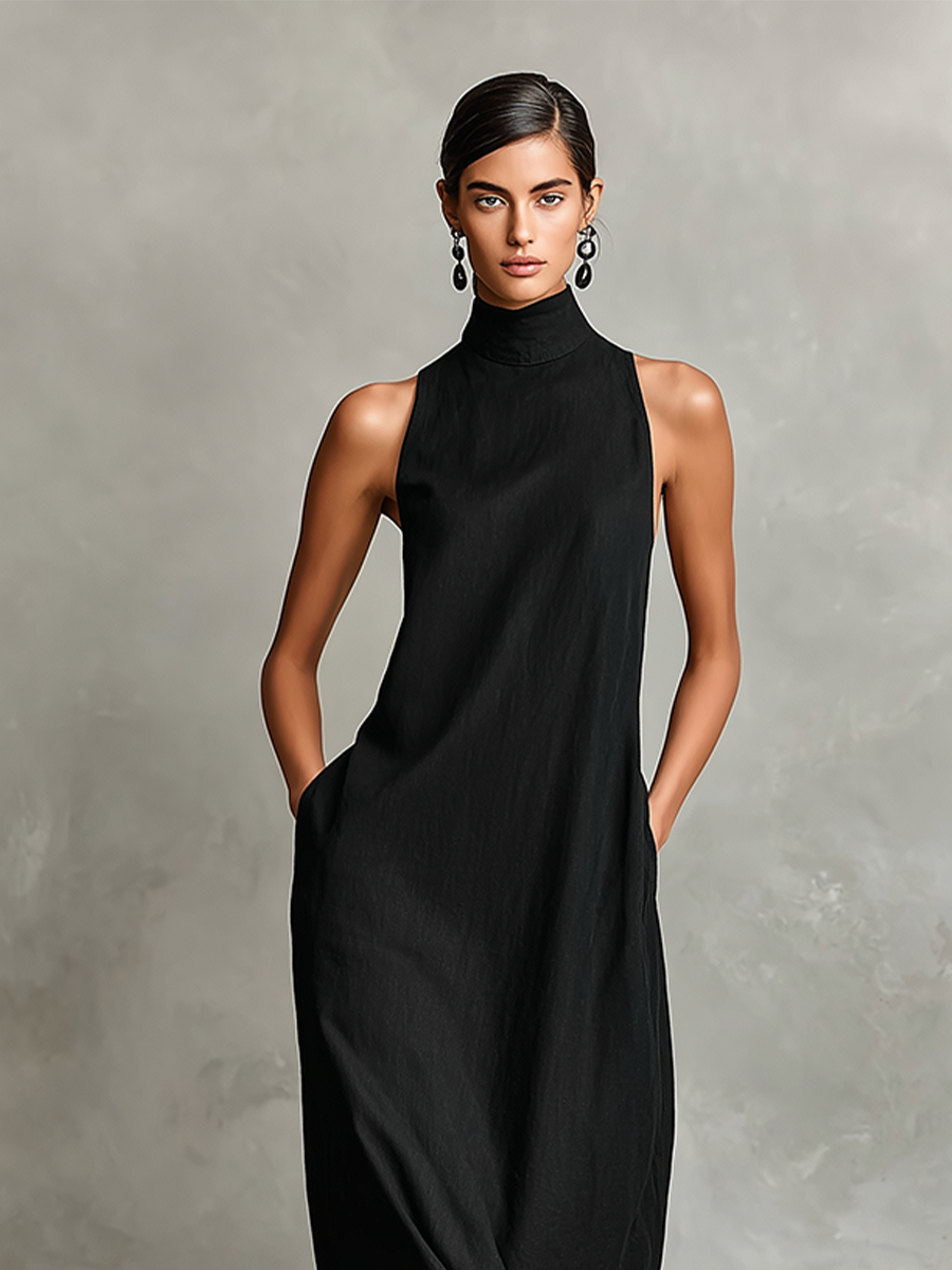 Abito maxi da donna senza maniche con collo alto