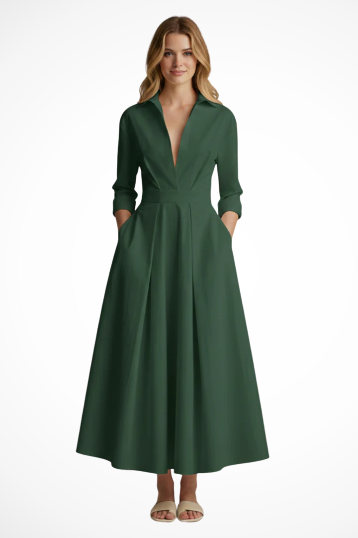 Robe Maxi Cintrée Boutons et Col Femme