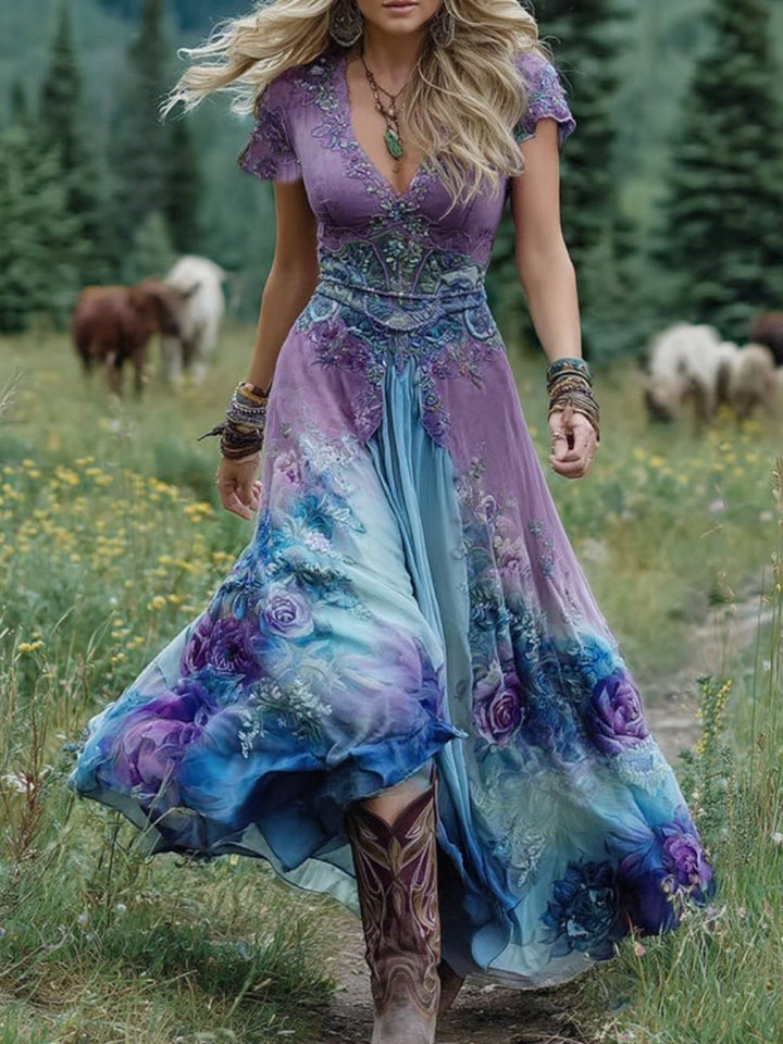 Robe Maxi Bohème Fleurie Femme Col V