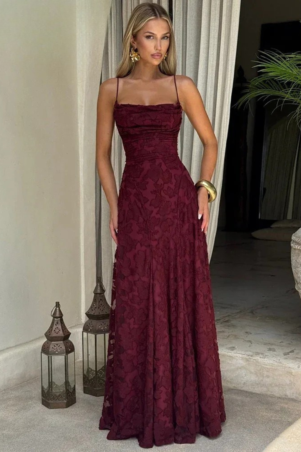 Robe Longue Jacquard Femme Dos Nu Cérémonie