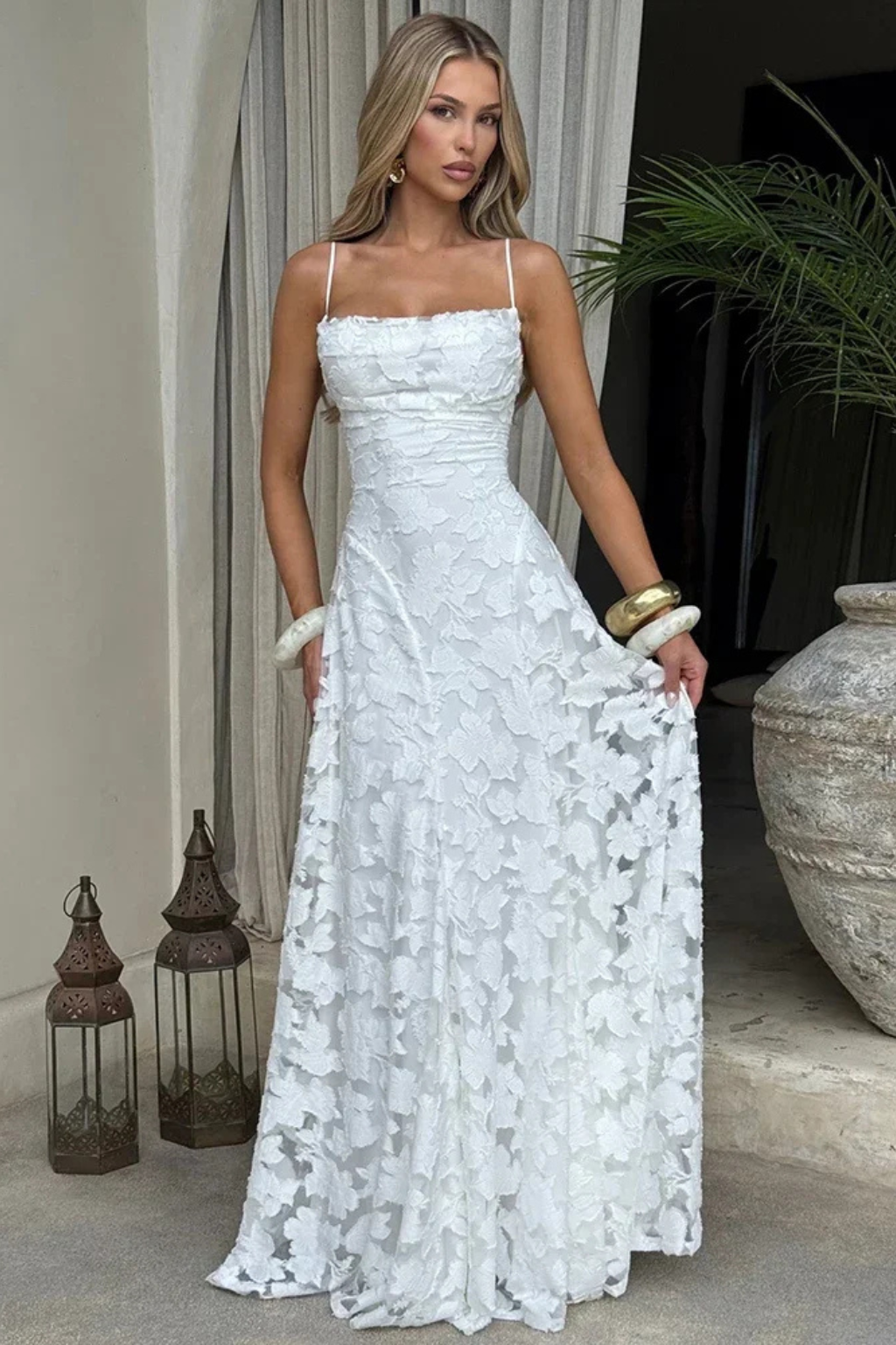 Robe Longue Jacquard Femme Dos Nu Cérémonie
