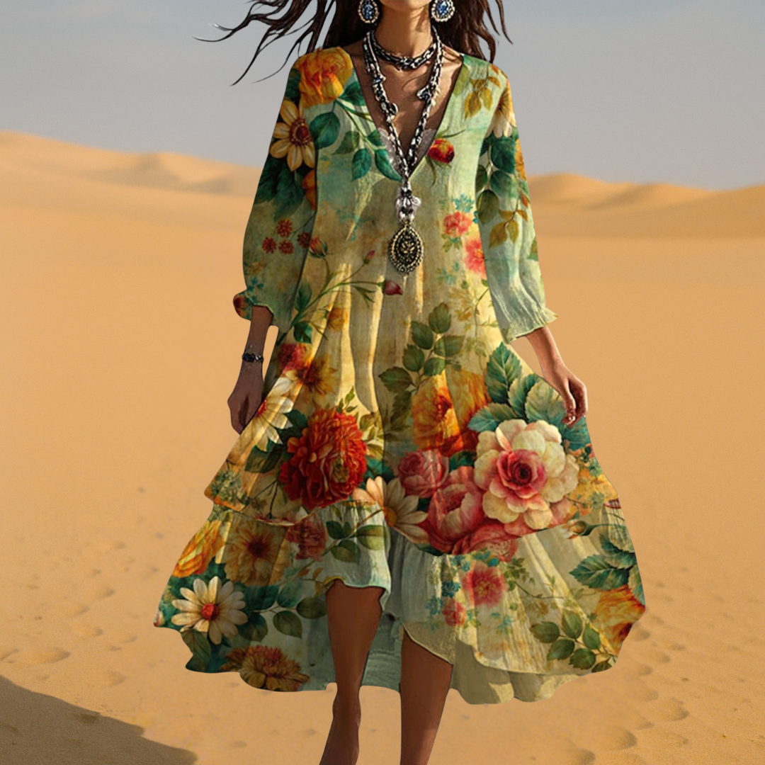 Robe Fleurie Bohème Femme Col V Manches Longues