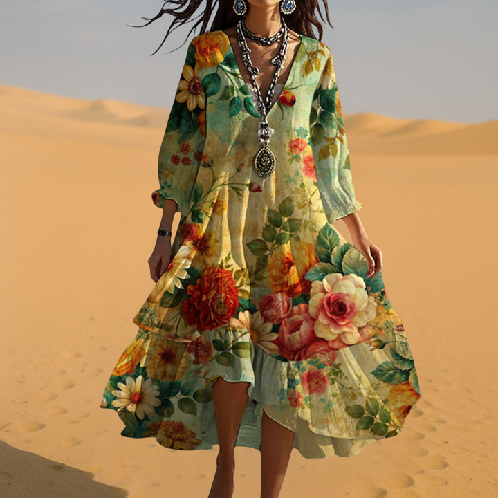 Robe Fleurie Bohème Femme Col V Manches Longues