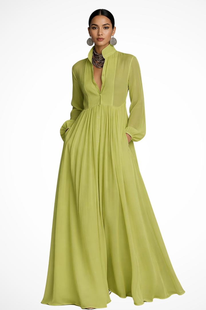 Robe Longue Boutonnée Femme Manches Longues Poches