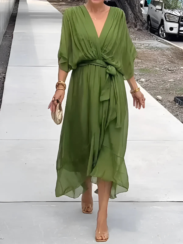 Robe Midi Fluide Femme Col V Taille Ceinturée