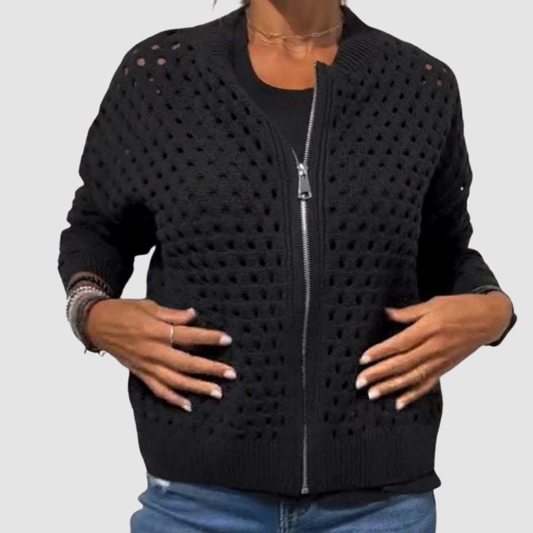 Cardigan Zippé en Maille Ajourée Pour Femme