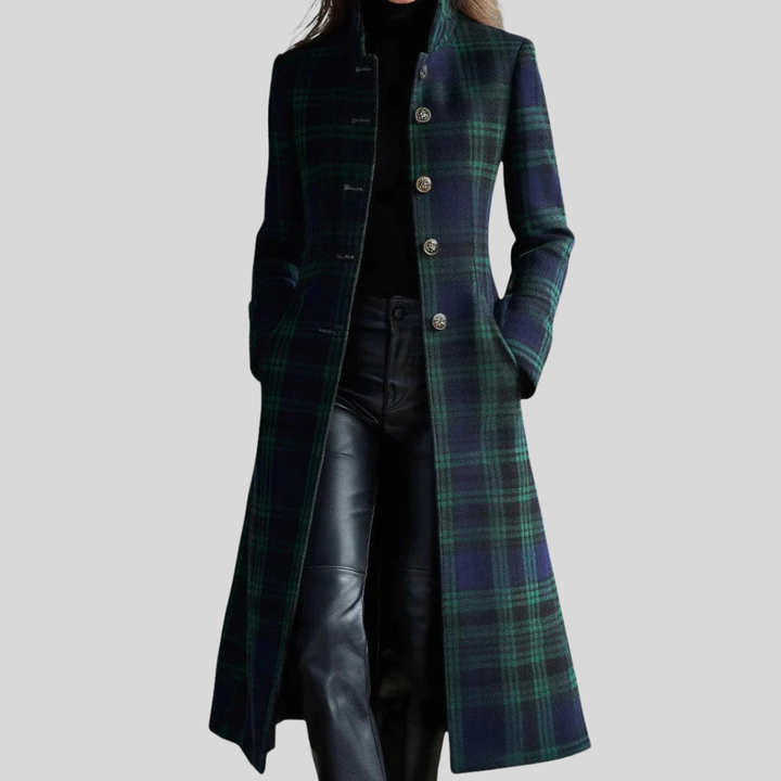 Women's Long Tartan Check Coat with Front Button Closure