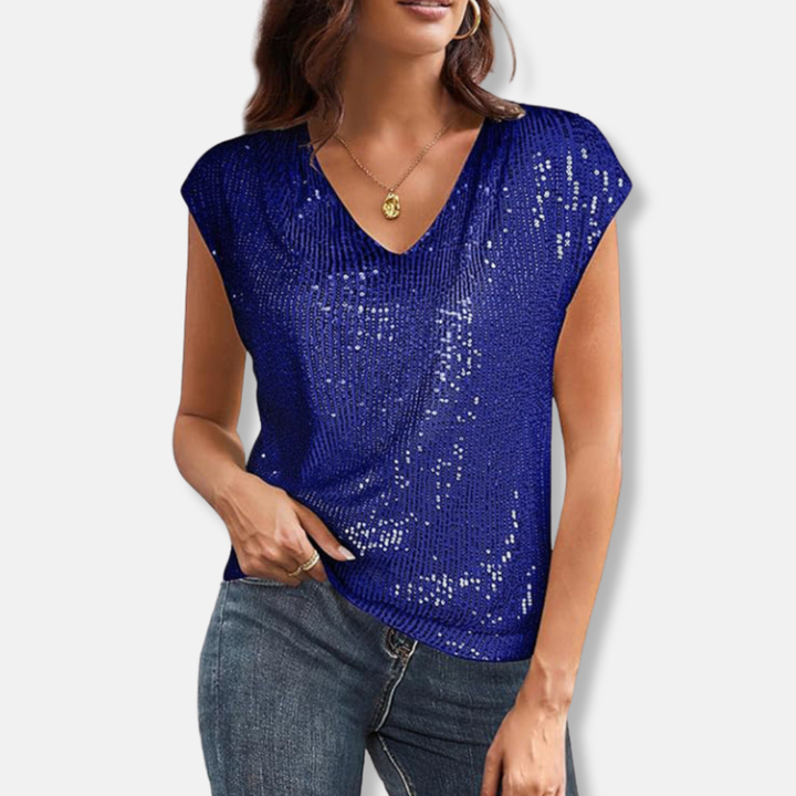 Top Pailleté Col V Femme Manches Courtes