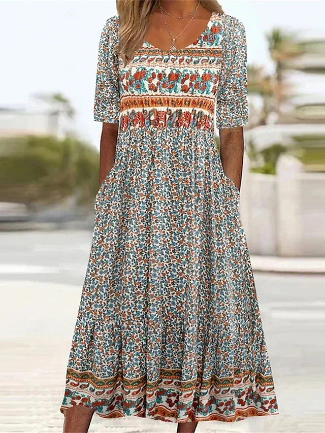 Robe Midi Bohème Imprimée Femme Manches Mi-Longues