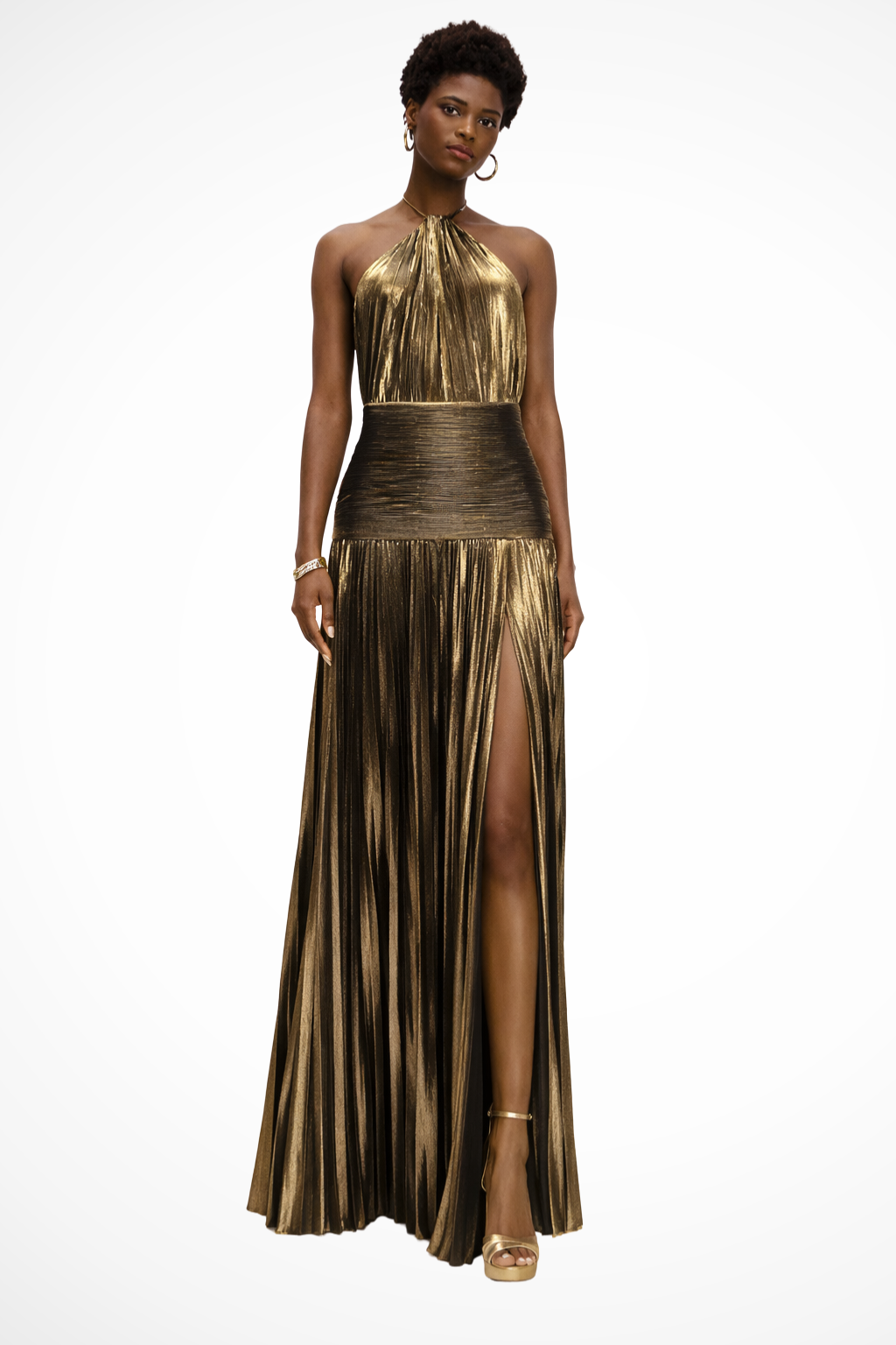 Robe Longue Satin Femme Col Halter Plissée
