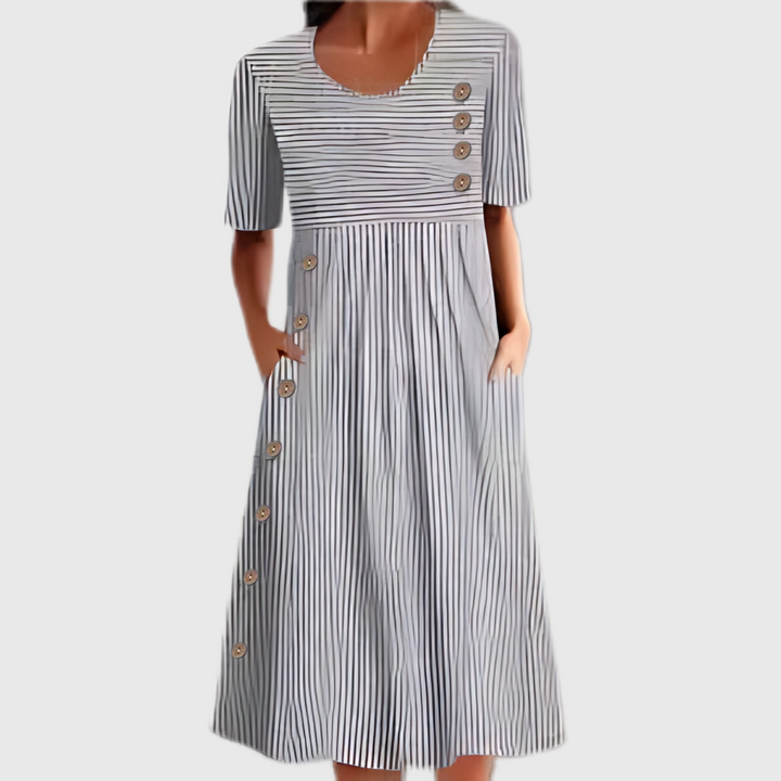 Robe Midi Rayée Femme Coupe Fluide Boutons