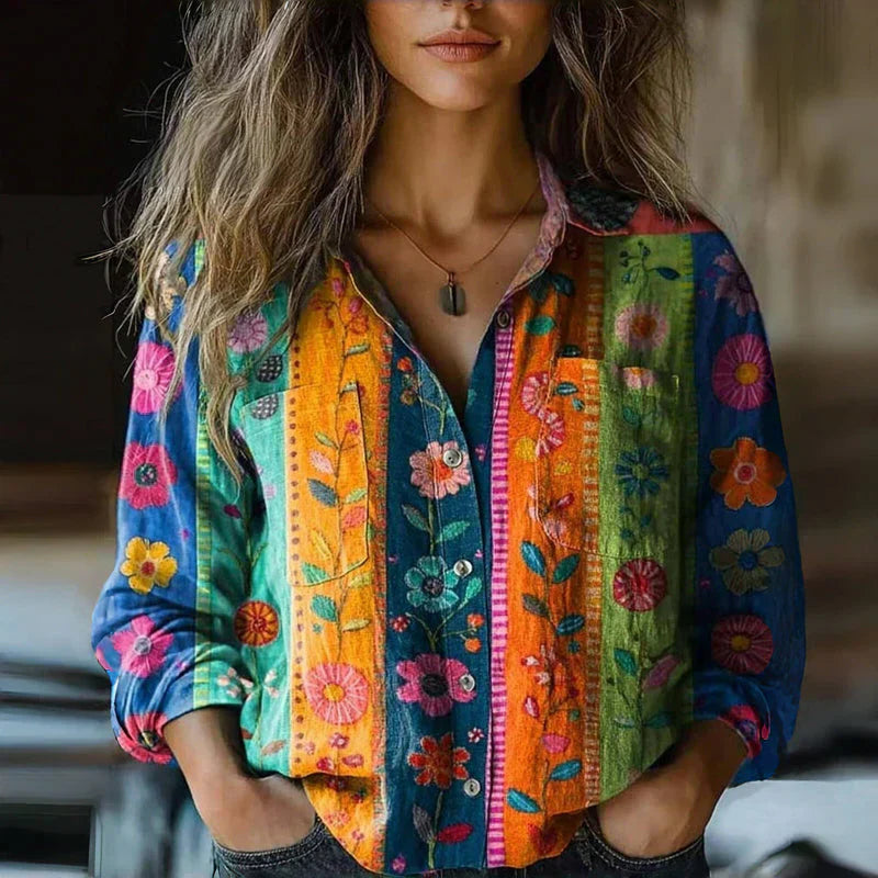 Women's Embroidered Button-Up Shirt Vintage Style