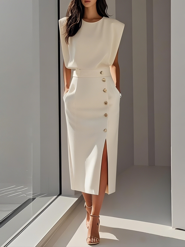 Robe Midi Femme Sans Manches Boutons Décoratifs