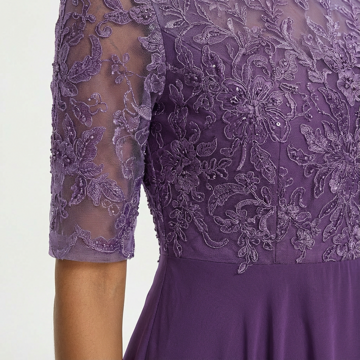 Robe Midi Dentelle Femme Manches Mi-Longues Cérémonie
