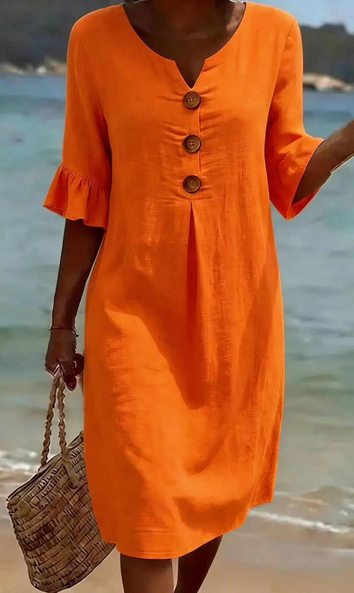 Robe Courte Femme Boutons Décoratifs Manches Volantées