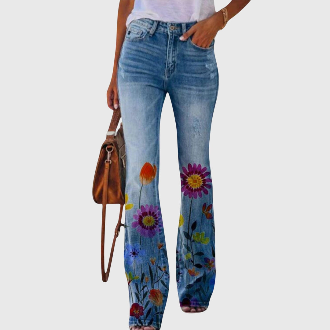 Flared jeans til dame med blomstermønster
