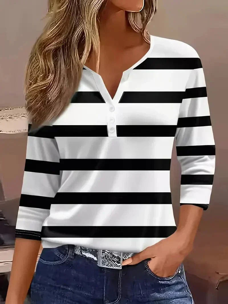 Top Rayé Encolure V Manches Trois-Quarts Femme