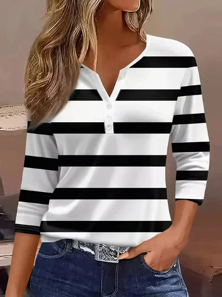 Top Rayé Encolure V Manches Trois-Quarts Femme